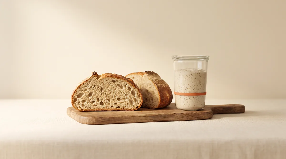 A cut sourdough boule on a board beside a jar of bubbly starter with a rubber band around it